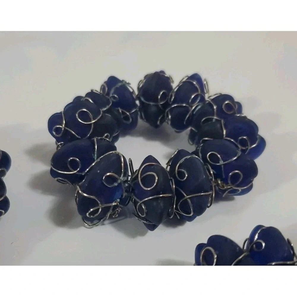 Vintage‎ Blue Stone and Wire Napkin Rings set of 6 Abstract Bohemian Summer Fall